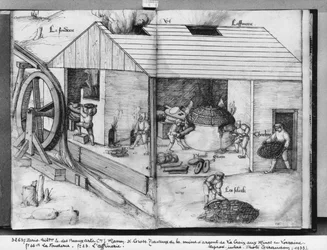 Silver mine of La Croix-aux-Mines, Lorraine, fol. 22v and fol. 23r, foundry and refining, c.1530